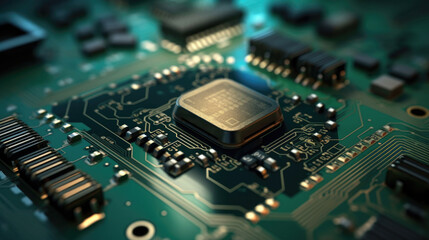 Fototapeta premium A close up photo of tech electronic chip in a circuit, Generative Ai
