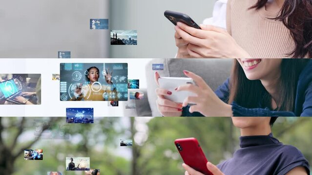 Collage movie of group of people using smart phone and digital contents concept. Wipe transition from white background.