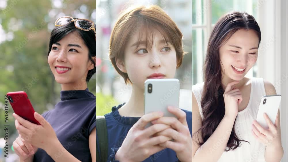 Poster スマホを使う女性たちのコラージュ映像　白バックからのワイプトランジション