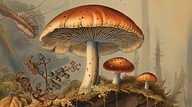 Illustration of a red mushroom generative AI. Old scientific poster.