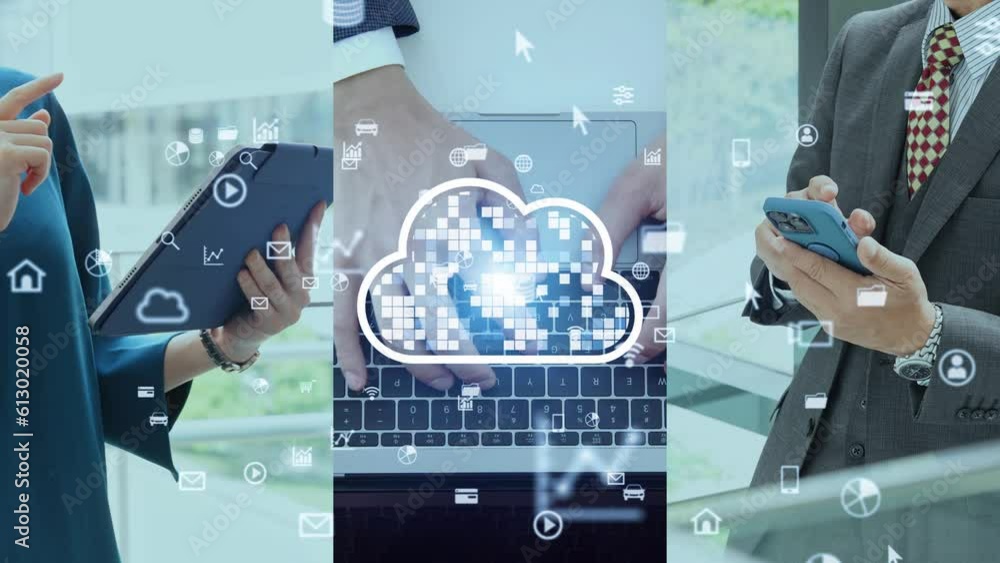 Aufkleber collage movie of various business scenes and cloud computing concept. wipe transition from white bac