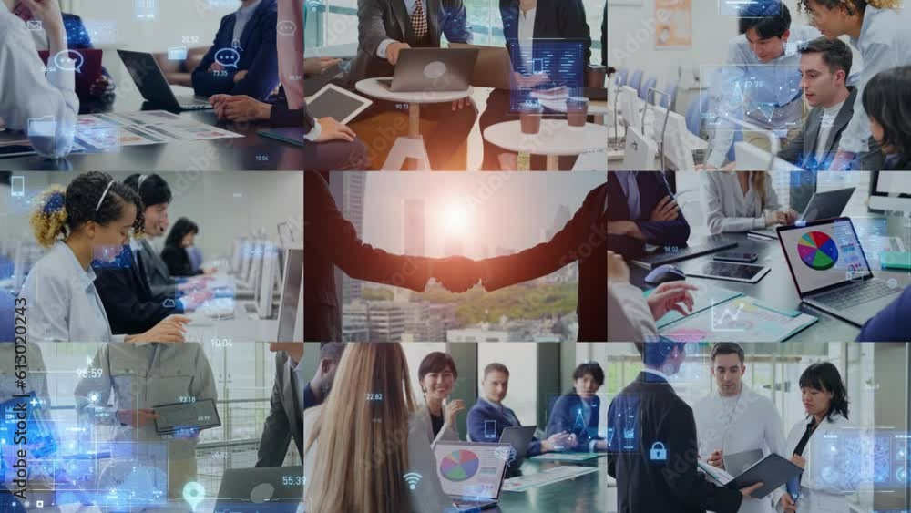 Aufkleber Collage movie of various business scenes and digital data concept. Scale transition from handshake scene.