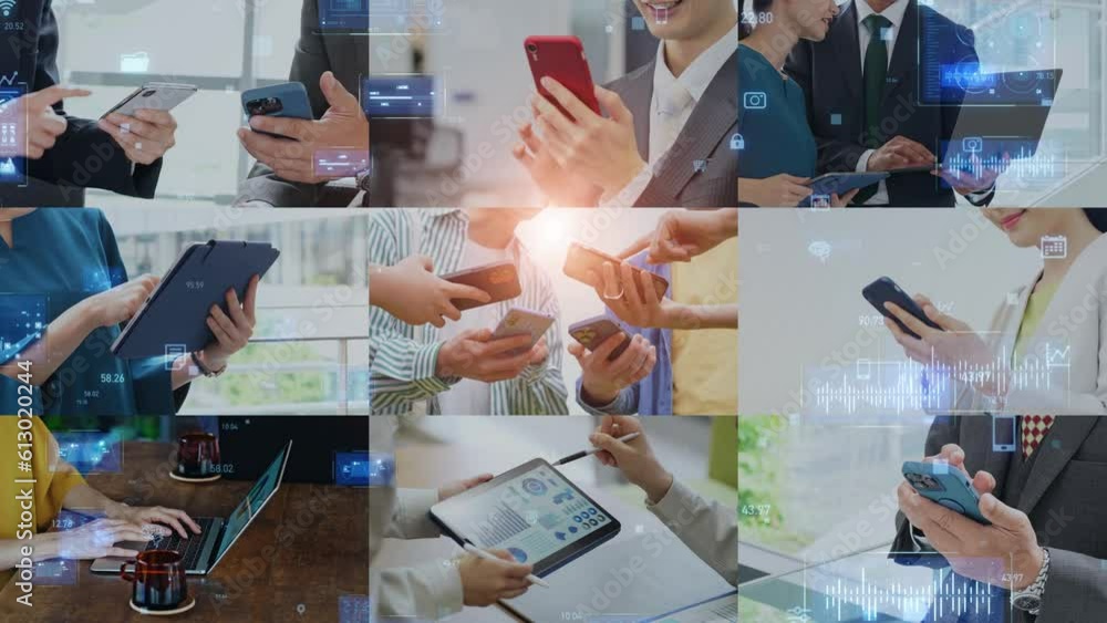 Aufkleber collage movie of group of people using smart phone and digital data concept. scale transition animat