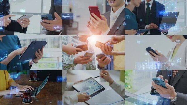 Collage movie of group of people using smart phone and digital data concept. Scale transition animation.