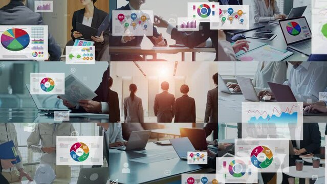 Collage movie of various business scenes and digital documents concept. Scale transition animation.