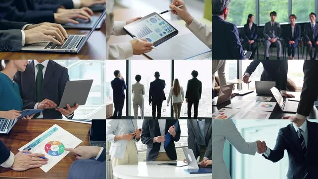 Collage movie of various business scenes. Scale transition animation.