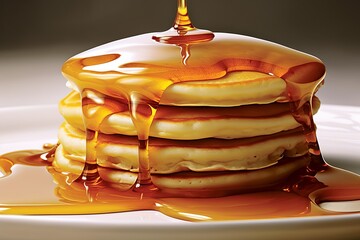 Fresh hot pancakes, topped with maple syrup, served on a plate. Generated Ai