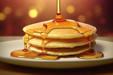 Fresh hot pancakes, topped with maple syrup, served on a plate. Generated Ai