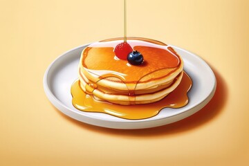 Fresh hot pancakes, topped with fruits and maple syrup, served on a plate. Generated Ai
