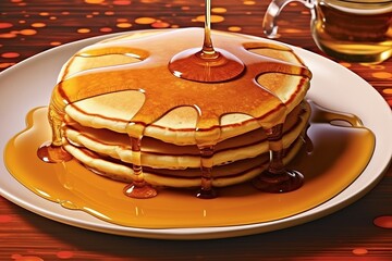 Fresh hot pancakes, topped with maple syrup, served on a plate. Generated Ai
