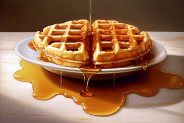 Fresh hot waffles, topped with maple syrup, served on a plate. Generated Ai