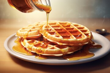Fresh hot waffles, topped with maple syrup, served on a plate. Generated Ai