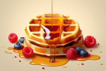 Fresh hot waffles, topped with fruits and maple syrup, served on a plate. Generated Ai