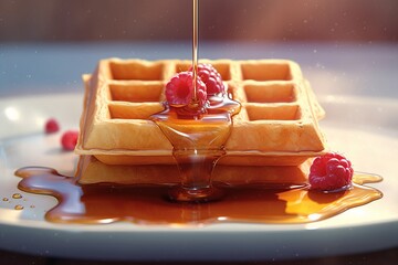 Fresh hot waffles, topped with fruits and maple syrup, served on a plate. Generated Ai