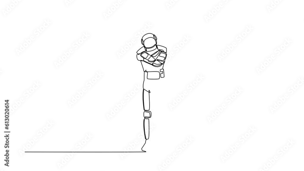 Poster animated self drawing of continuous line draw astronaut hugging himself with positive emotion. chari