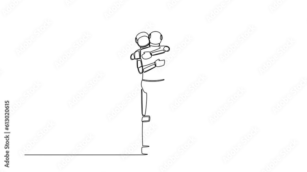 Poster animated self drawing of continuous line draw two astronaut embracing each other closely feeling com