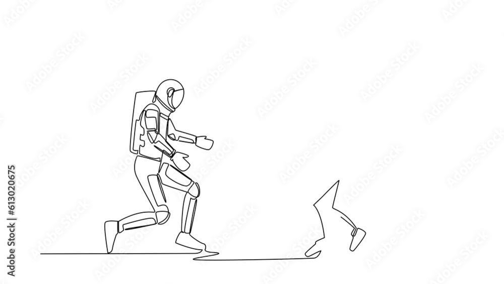 Poster animated self drawing of continuous line draw of joyful little astronaut kid running to dad spaceman