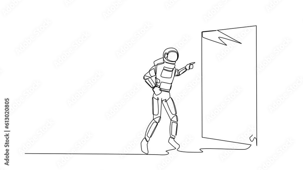 Poster animated self drawing of continuous line draw astronaut fight with mirror reflection. spaceman with 