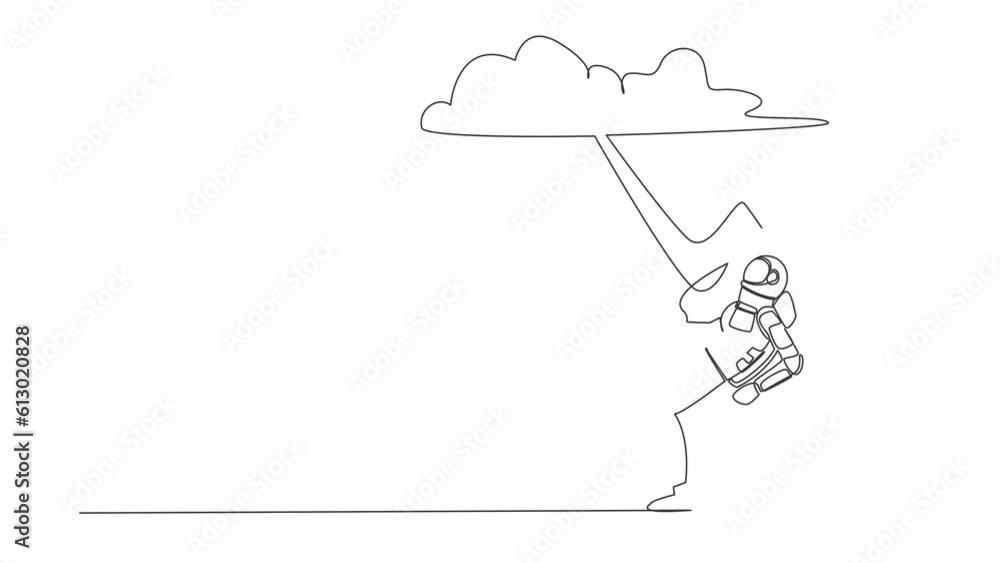 Poster animated self drawing of continuous line draw astronaut struck by lightning from dark cloud. bad luc