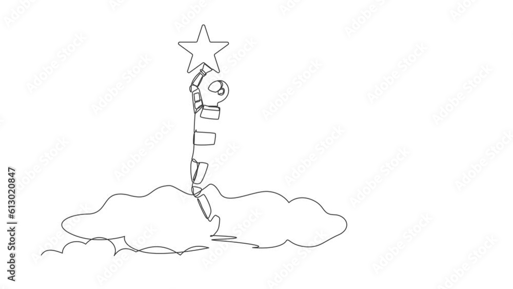 Poster animated self drawing of continuous line draw young astronaut reaching star on the sky. business cha