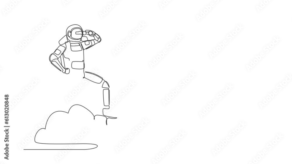 Poster self drawing animation of single line draw astronaut on cloud holding binocular to search for spaces