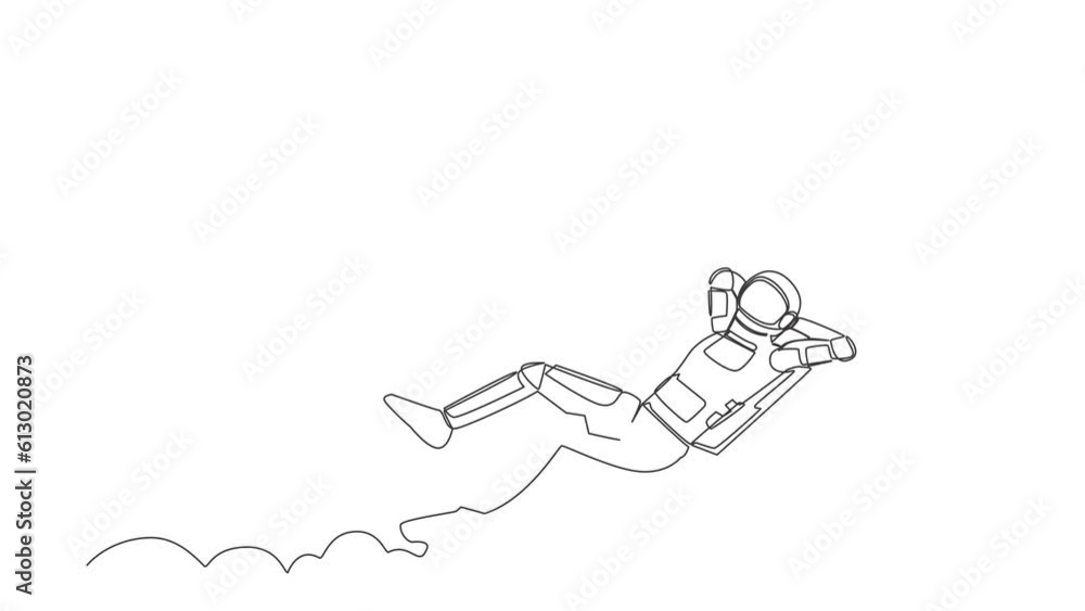 Poster animated self drawing of continuous line draw young astronaut relaxing laying on clouds after wormho