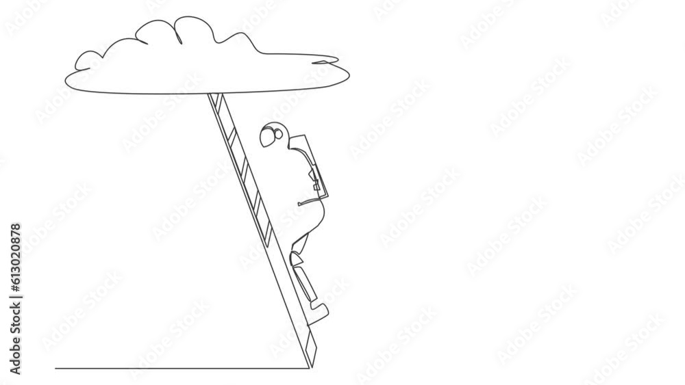 Poster self drawing animation of single line draw astronaut climbing up ladder to cloud. spaceman career pa