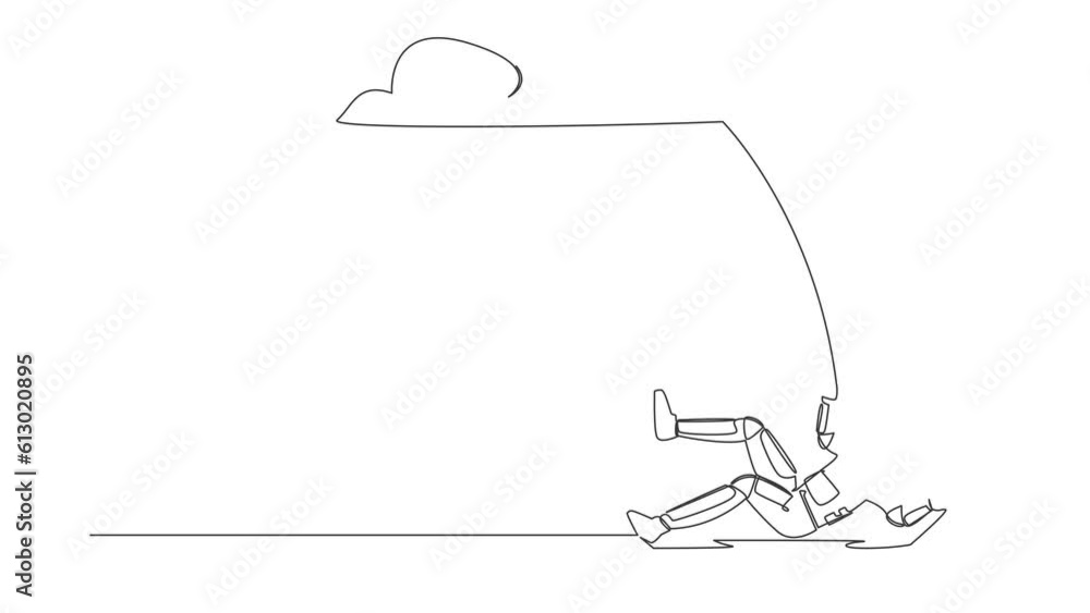 Poster animated self drawing of continuous line draw unlucky young astronaut falling from cloud sky. loses 
