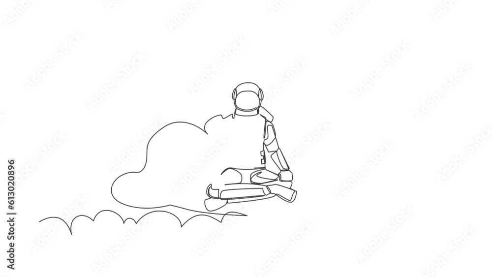 Poster animated self drawing of continuous line draw young astronaut meditates and resting in yoga position