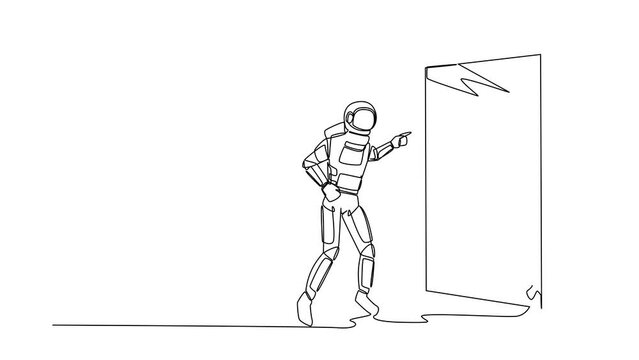 Animated self drawing of continuous line draw astronaut fight with mirror reflection. Spaceman with mental health problems after interstellar journey. Outer space. Full length single line animation