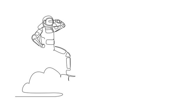 Self drawing animation of single line draw astronaut on cloud holding binocular to search for spaceship business innovation projection. Cosmic galaxy space. Continuous line draw. Full length animated