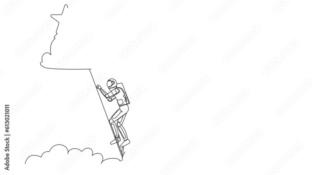 Poster animated self drawing of continuous line draw young astronaut climbing ladder to reach out for star.