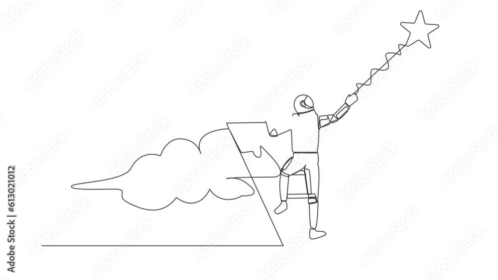Poster animated self drawing of continuous line draw of young astronaut climbing ladder and reaching star o