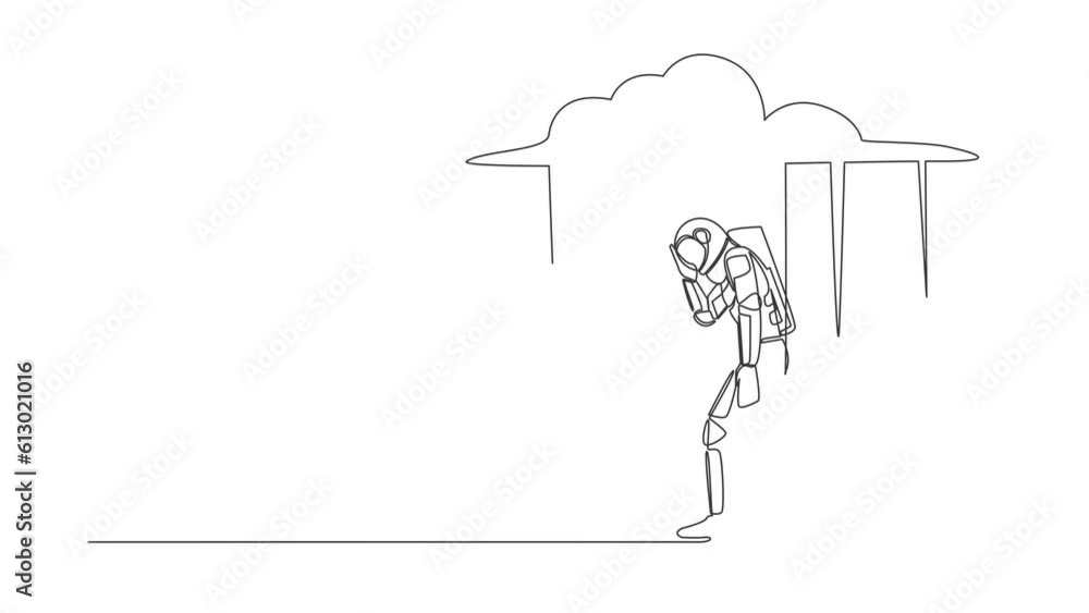 Poster animated self drawing of continuous line draw astronaut walking under rain cloud. loneliness in over