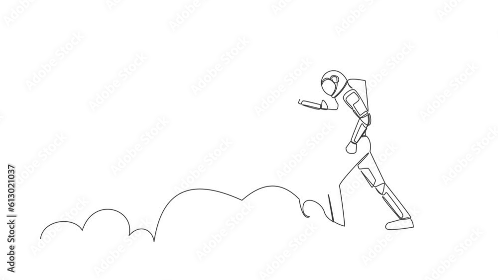 Poster self drawing animation of single line draw astronaut riding cloud on sky, pointing forward, go to fu