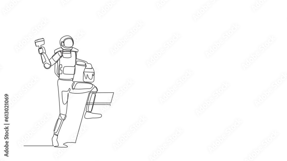 Poster animated self drawing of continuous line draw astronaut standing with painting roller, bucket ladder