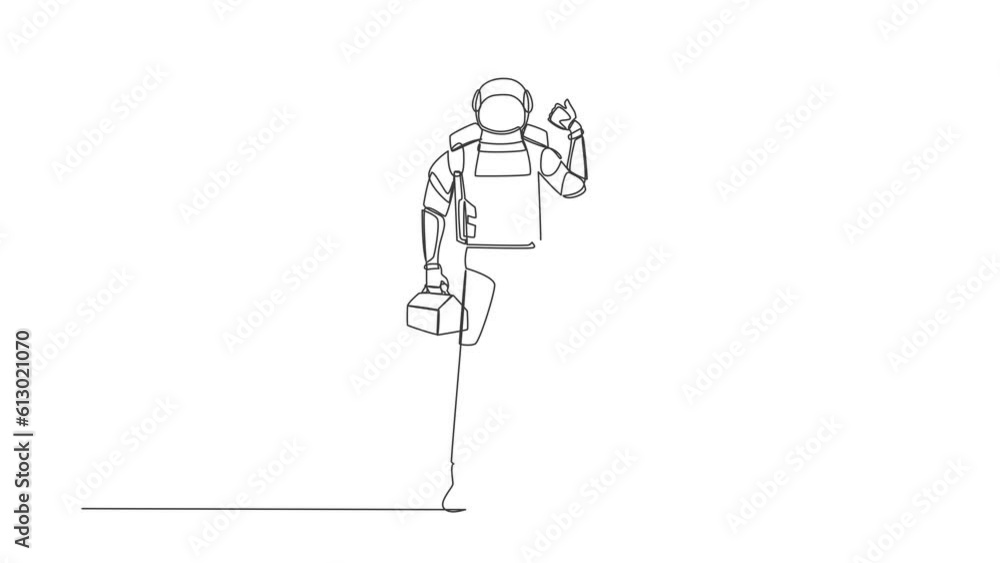 Poster self drawing animation of single one line draw astronaut standing holding tools box with thumb up. a