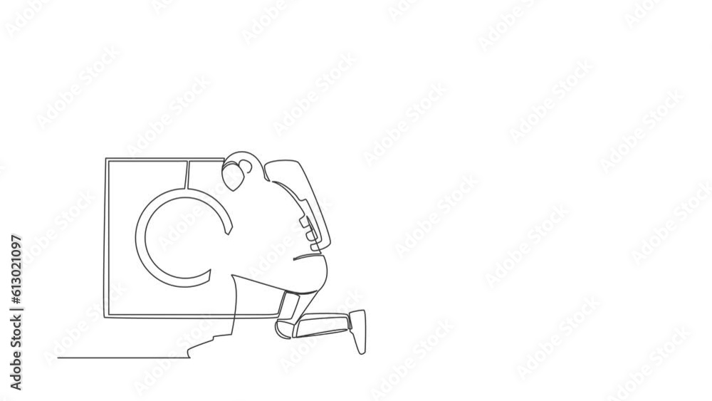 Poster animated self drawing of continuous line draw young astronaut fixing washing machine at home in moon