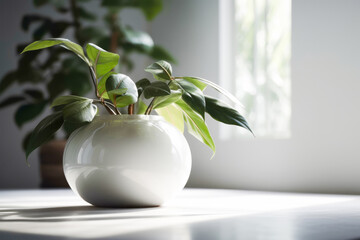 A beautiful houseplant with green leaves is in pot inside the room with white window sill.