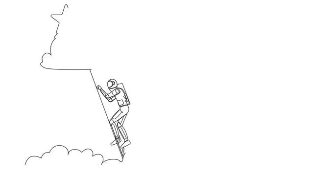 Animated self drawing of continuous line draw young astronaut climbing ladder to reach out for star. Motivation to be success in moon spacewalk. Cosmonaut deep space. Full length one line animation