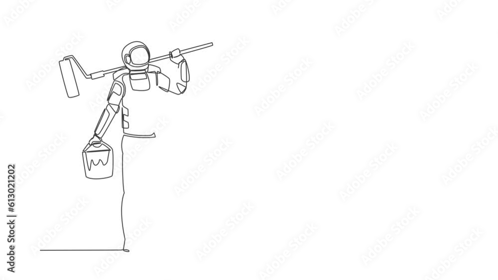 Poster animated self drawing of continuous line draw astronaut painter standing with bucket of paint and pa