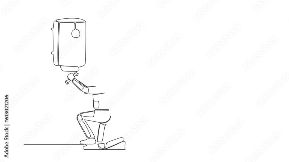 Poster self drawing animation of single one line draw astronaut plumber installing water heater. home decor
