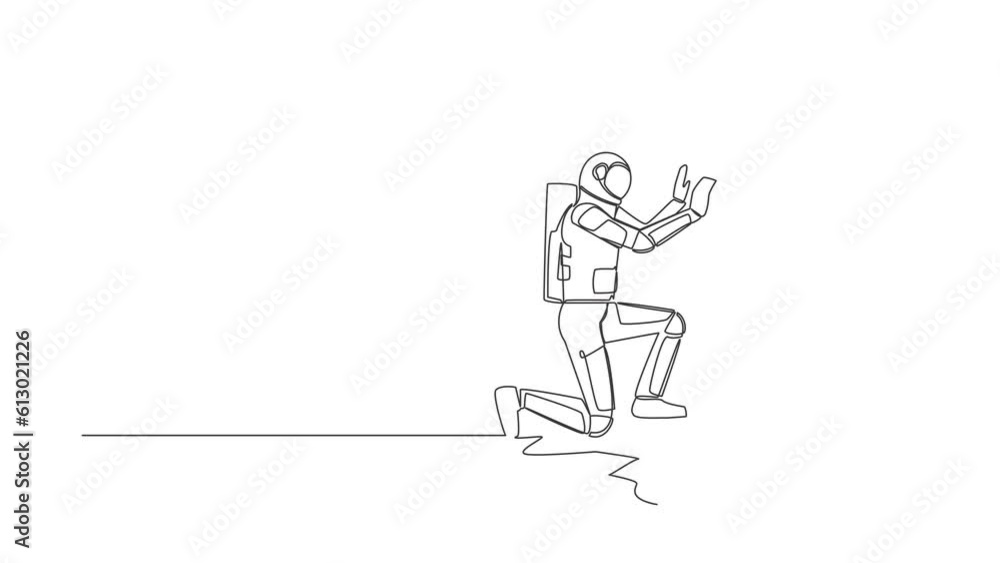 Poster self drawing animation of single line draw astronaut laying ceramic wall tile at home in moon. space