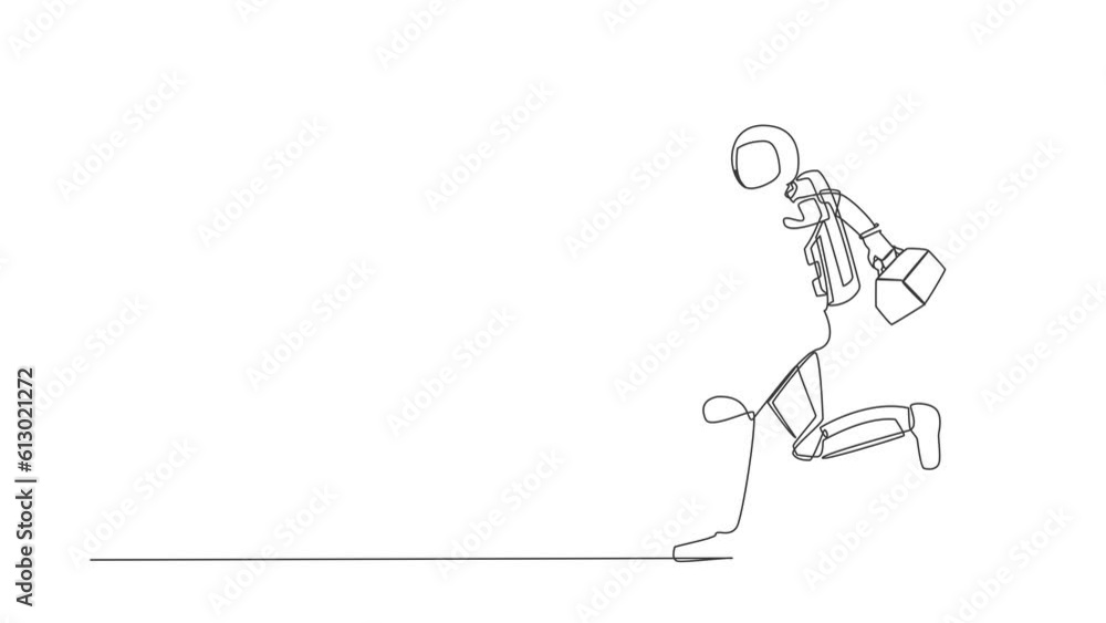 Poster animated self drawing of continuous line draw astronaut mechanic running with tool box in moon surfa