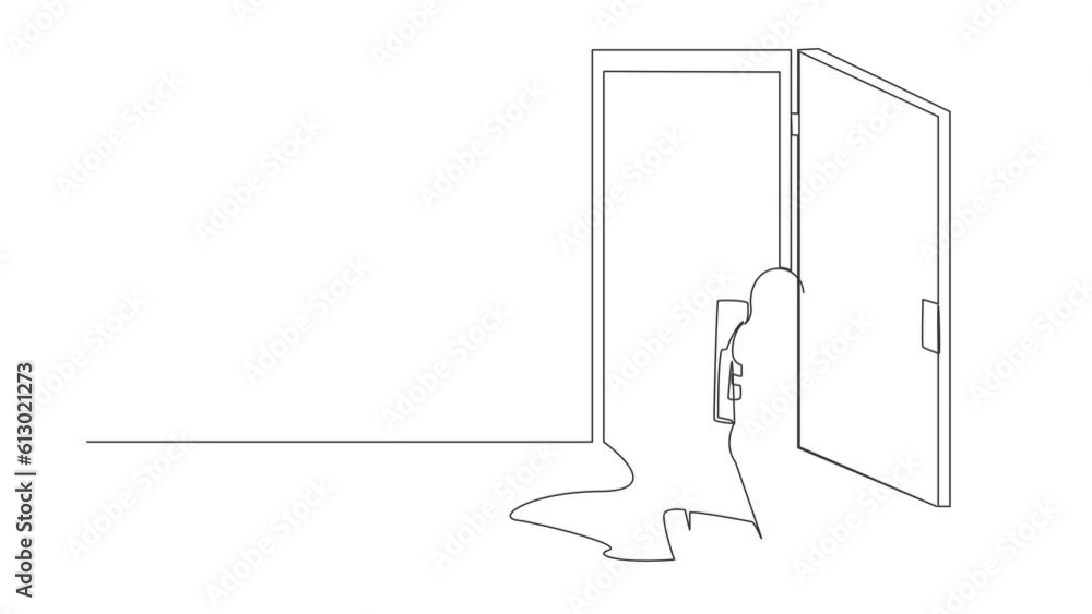 Poster animated self drawing of continuous line draw astronaut with drill, repair door element. future hous