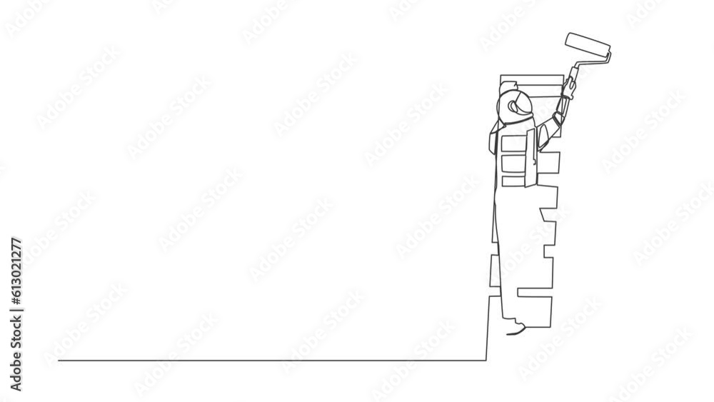 Poster self drawing animation of single one line draw astronaut painter standing on ladder paints wall in f
