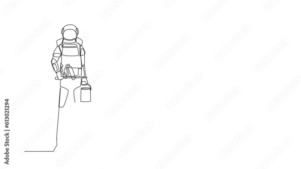 Poster animated self drawing of continuous line draw astronaut holds roller with paint bucket of paint. hou