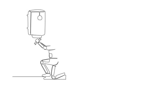 Self drawing animation of single one line draw astronaut plumber installing water heater. Home decoration. Preparation house renovation. Cosmic galaxy space. Continuous line draw. Full length animated
