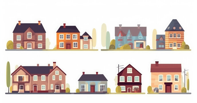 Front view, modern flat design of logo cottage house icon set, isolated on white background. American housing, brittish housing, Generative AI