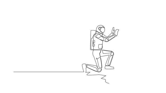 Self drawing animation of single line draw astronaut laying ceramic wall tile at home in moon. Spaceman ability to repair operating system. Cosmic galaxy space. Continuous line. Full length animated